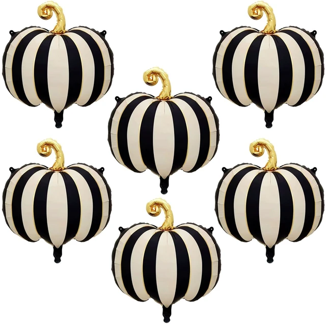 Main image of 6 PCS Halloween Pumpkin Balloons Decorations 24 Inch Pumpkin Foil Balloons | Black White Striped Pumpkin Mylar Balloons for Halloween Party Haunted House Decorations