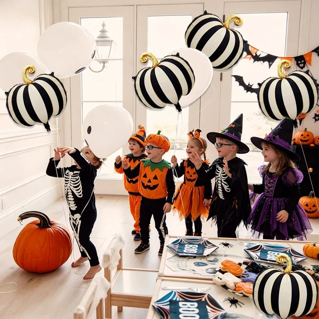 Alt view image 3 of 7 - 6 PCS Halloween Pumpkin Balloons Decorations 24 Inch Pumpkin Foil Balloons | Black White Striped Pumpkin Mylar Balloons for Halloween Party Haunted House Decorations