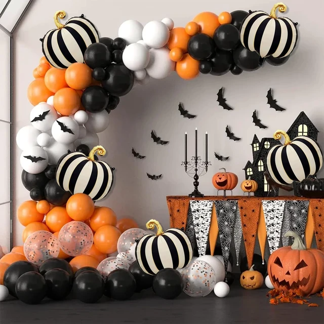 Alt view image 4 of 7 - 6 PCS Halloween Pumpkin Balloons Decorations 24 Inch Pumpkin Foil Balloons | Black White Striped Pumpkin Mylar Balloons for Halloween Party Haunted House Decorations