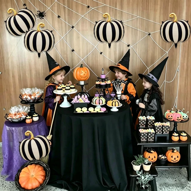 Alt view image 5 of 7 - 6 PCS Halloween Pumpkin Balloons Decorations 24 Inch Pumpkin Foil Balloons | Black White Striped Pumpkin Mylar Balloons for Halloween Party Haunted House Decorations