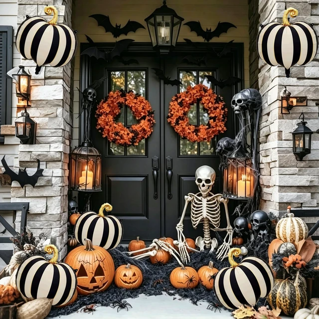 Alt view image 6 of 7 - 6 PCS Halloween Pumpkin Balloons Decorations 24 Inch Pumpkin Foil Balloons | Black White Striped Pumpkin Mylar Balloons for Halloween Party Haunted House Decorations
