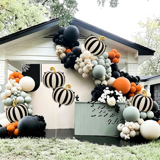 Alt view image 7 of 7 - 6 PCS Halloween Pumpkin Balloons Decorations 24 Inch Pumpkin Foil Balloons | Black White Striped Pumpkin Mylar Balloons for Halloween Party Haunted House Decorations