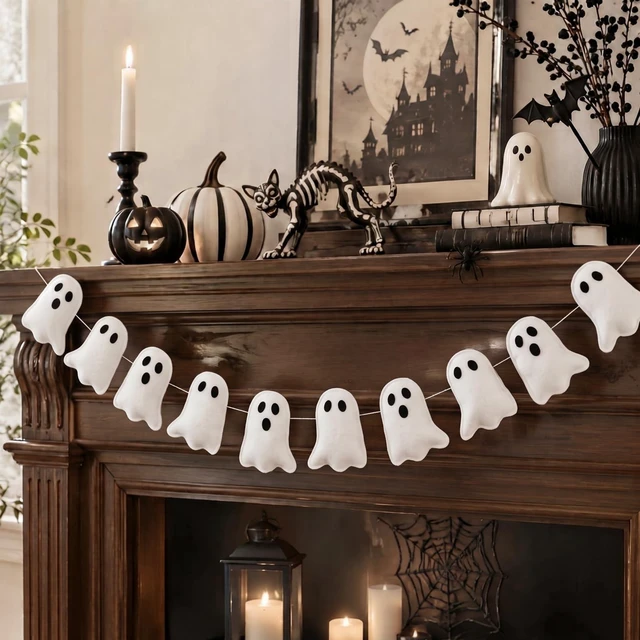 Main image of Halloween Ghost Garland 8.2 ft White 3D Ghost Banner Decor Felt | Cute Spooky Ghost Streamer Hanging String Halloween Decorations for Fireplace Mantel Wall Window Indoor Home Party