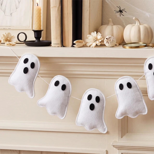 Alt view image 3 of 7 - Halloween Ghost Garland 8.2 ft White 3D Ghost Banner Decor Felt | Cute Spooky Ghost Streamer Hanging String Halloween Decorations for Fireplace Mantel Wall Window Indoor Home Party