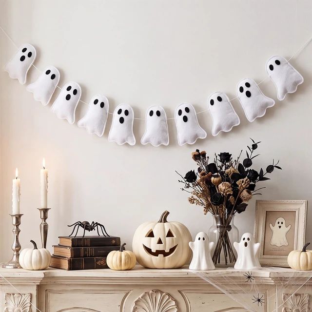 Alt view image 4 of 7 - Halloween Ghost Garland 8.2 ft White 3D Ghost Banner Decor Felt | Cute Spooky Ghost Streamer Hanging String Halloween Decorations for Fireplace Mantel Wall Window Indoor Home Party