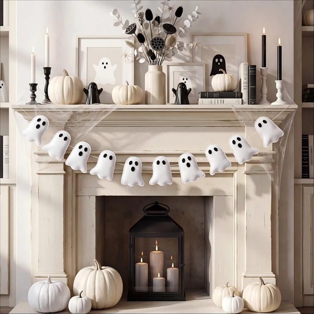 Alt view image 5 of 7 - Halloween Ghost Garland 8.2 ft White 3D Ghost Banner Decor Felt | Cute Spooky Ghost Streamer Hanging String Halloween Decorations for Fireplace Mantel Wall Window Indoor Home Party