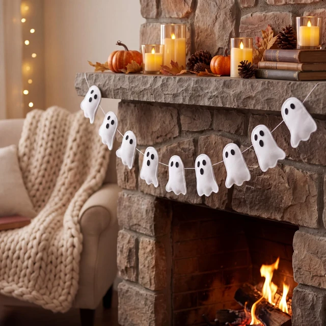 Alt view image 6 of 7 - Halloween Ghost Garland 8.2 ft White 3D Ghost Banner Decor Felt | Cute Spooky Ghost Streamer Hanging String Halloween Decorations for Fireplace Mantel Wall Window Indoor Home Party