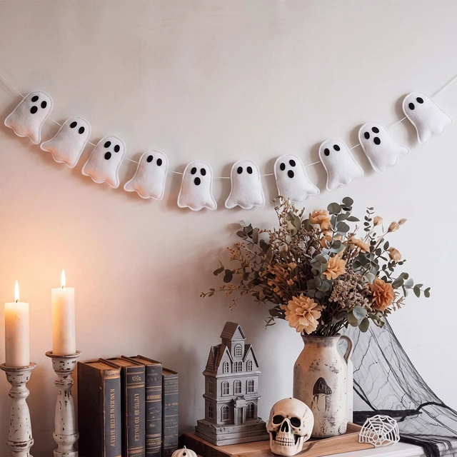 Alt view image 7 of 7 - Halloween Ghost Garland 8.2 ft White 3D Ghost Banner Decor Felt | Cute Spooky Ghost Streamer Hanging String Halloween Decorations for Fireplace Mantel Wall Window Indoor Home Party
