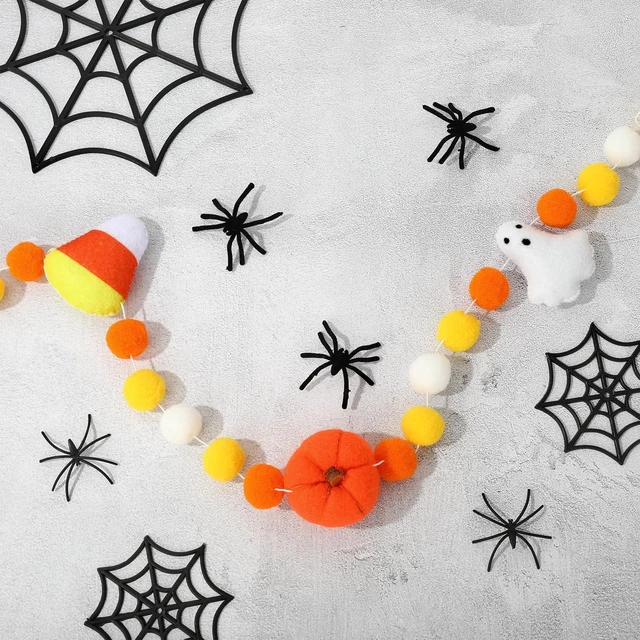 Main image of Halloween Felt Ball Banner Candy Corn Ghost Pumpkin Hanging Banner 3D Yellow White Pom Pom Garland for Halloween Party Supplies Fireplace Wall Home Decoration