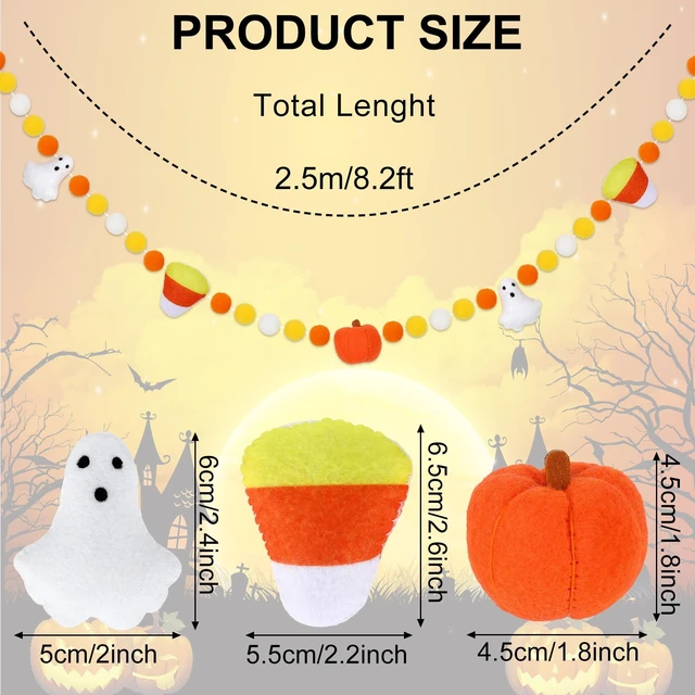 Alt view image 2 of 7 - Halloween Felt Ball Banner Candy Corn Ghost Pumpkin Hanging Banner 3D Yellow White Pom Pom Garland for Halloween Party Supplies Fireplace Wall Home Decoration