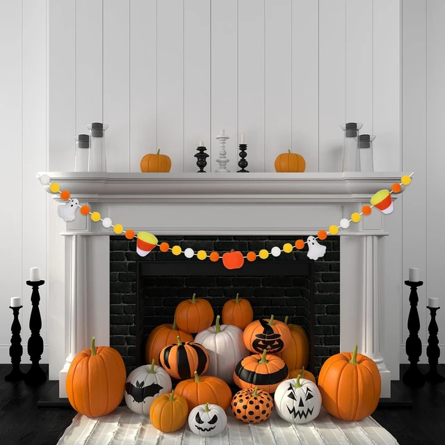 Alt view image 5 of 7 - Halloween Felt Ball Banner Candy Corn Ghost Pumpkin Hanging Banner 3D Yellow White Pom Pom Garland for Halloween Party Supplies Fireplace Wall Home Decoration