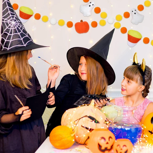 Alt view image 6 of 7 - Halloween Felt Ball Banner Candy Corn Ghost Pumpkin Hanging Banner 3D Yellow White Pom Pom Garland for Halloween Party Supplies Fireplace Wall Home Decoration