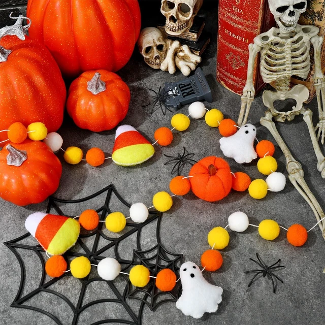 Alt view image 3 of 7 - Halloween Felt Ball Banner Candy Corn Ghost Pumpkin Hanging Banner 3D Yellow White Pom Pom Garland for Halloween Party Supplies Fireplace Wall Home Decoration
