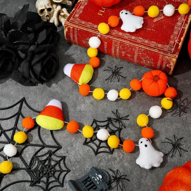 Alt view image 4 of 7 - Halloween Felt Ball Banner Candy Corn Ghost Pumpkin Hanging Banner 3D Yellow White Pom Pom Garland for Halloween Party Supplies Fireplace Wall Home Decoration