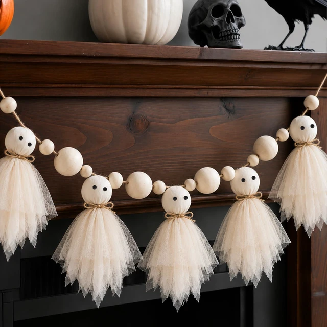 Main image of 6.5Ft Halloween Ghost Garland with Wooden Beads, Handmade Cute Ghost Decor | Vintage Farmhouse Halloween Banner Decorations Indoor for Wall, Mantle, Fireplace