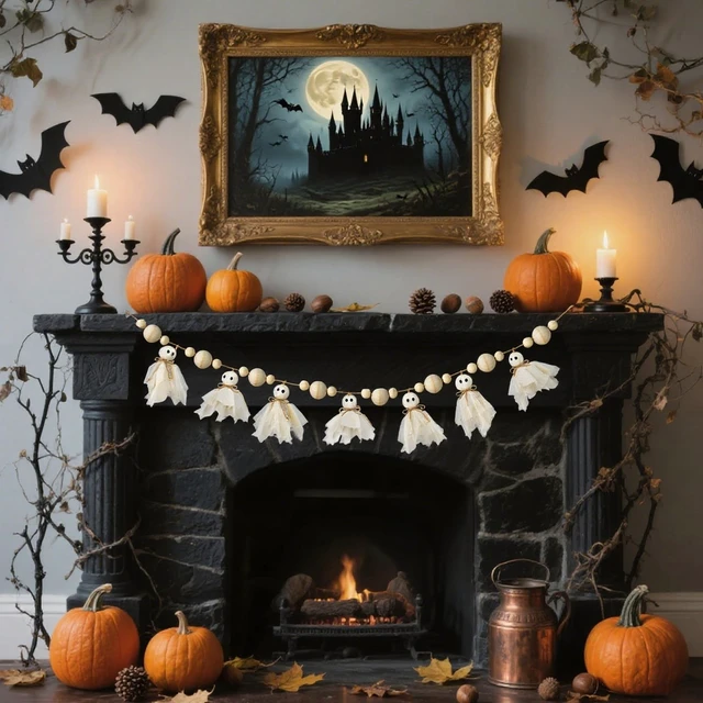 Alt view image 2 of 7 - 6.5Ft Halloween Ghost Garland with Wooden Beads, Handmade Cute Ghost Decor | Vintage Farmhouse Halloween Banner Decorations Indoor for Wall, Mantle, Fireplace