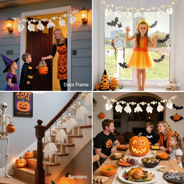 Alt view image 3 of 7 - 6.5Ft Halloween Ghost Garland with Wooden Beads, Handmade Cute Ghost Decor | Vintage Farmhouse Halloween Banner Decorations Indoor for Wall, Mantle, Fireplace