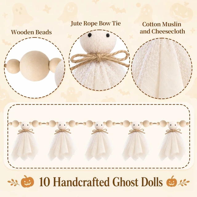 Alt view image 4 of 7 - 6.5Ft Halloween Ghost Garland with Wooden Beads, Handmade Cute Ghost Decor | Vintage Farmhouse Halloween Banner Decorations Indoor for Wall, Mantle, Fireplace