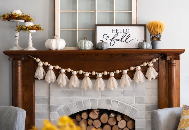 Alt view image 7 of 7 - 6.5Ft Halloween Ghost Garland with Wooden Beads, Handmade Cute Ghost Decor | Vintage Farmhouse Halloween Banner Decorations Indoor for Wall, Mantle, Fireplace