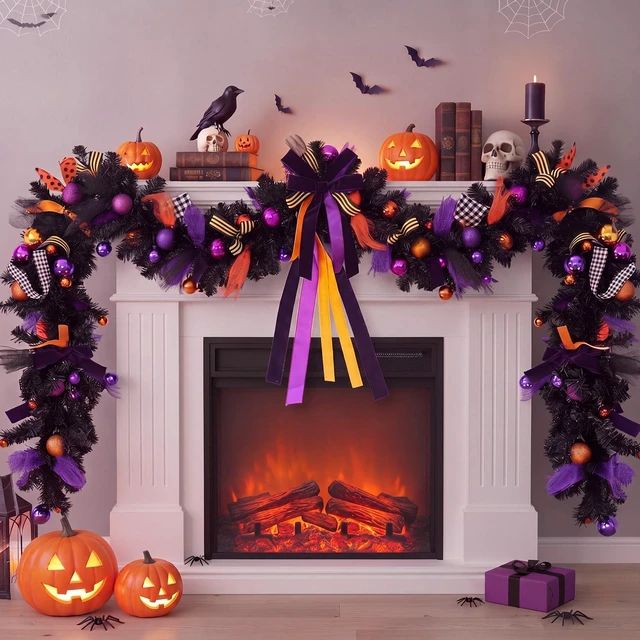 Main image of 8 ft Halloween Garland Decorations Black Orange Purple Artificial Garland Ornaments with Ball Bats Pumpkins, Halloween Mantel Hanging String Decor for Tree Home Indoor Fireplace Party Decor