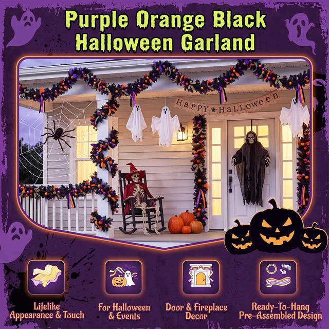 Alt view image 3 of 6 - 8 ft Halloween Garland Decorations Black Orange Purple Artificial Garland Ornaments with Ball Bats Pumpkins, Halloween Mantel Hanging String Decor for Tree Home Indoor Fireplace Party Decor