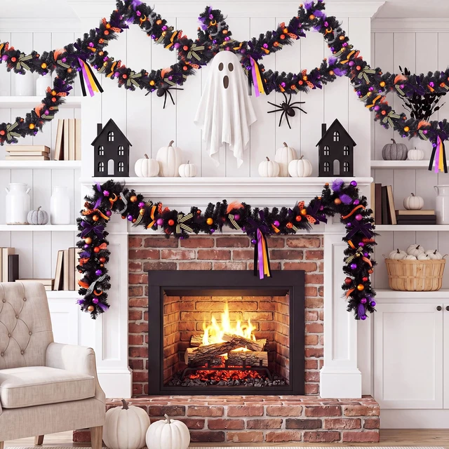 Alt view image 4 of 6 - 8 ft Halloween Garland Decorations Black Orange Purple Artificial Garland Ornaments with Ball Bats Pumpkins, Halloween Mantel Hanging String Decor for Tree Home Indoor Fireplace Party Decor