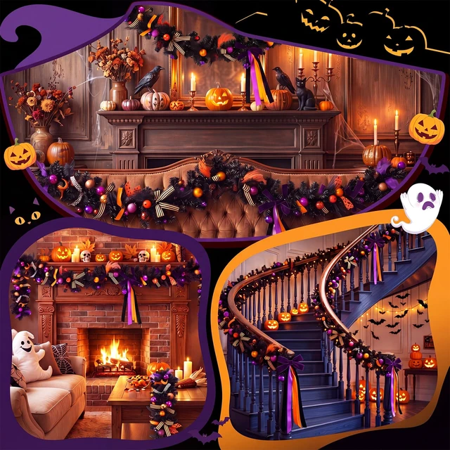 Alt view image 5 of 6 - 8 ft Halloween Garland Decorations Black Orange Purple Artificial Garland Ornaments with Ball Bats Pumpkins, Halloween Mantel Hanging String Decor for Tree Home Indoor Fireplace Party Decor