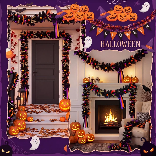 Alt view image 6 of 6 - 8 ft Halloween Garland Decorations Black Orange Purple Artificial Garland Ornaments with Ball Bats Pumpkins, Halloween Mantel Hanging String Decor for Tree Home Indoor Fireplace Party Decor