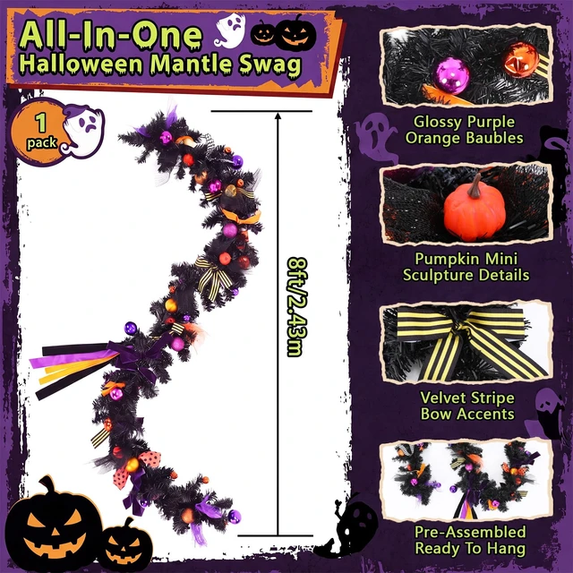 Alt view image 2 of 6 - 8 ft Halloween Garland Decorations Black Orange Purple Artificial Garland Ornaments with Ball Bats Pumpkins, Halloween Mantel Hanging String Decor for Tree Home Indoor Fireplace Party Decor