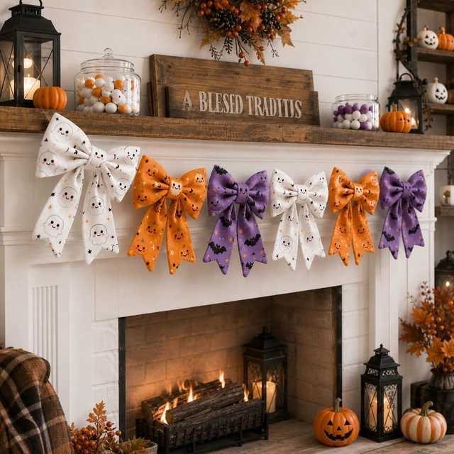 Main image of Halloween Decorations - Halloween Garland -6.5 Ft Cotton Bow Garland - Cute Room Decor for Home Party Office - Ghost Pumpkin Bat Decoration for Table Door Mantel Window Wall