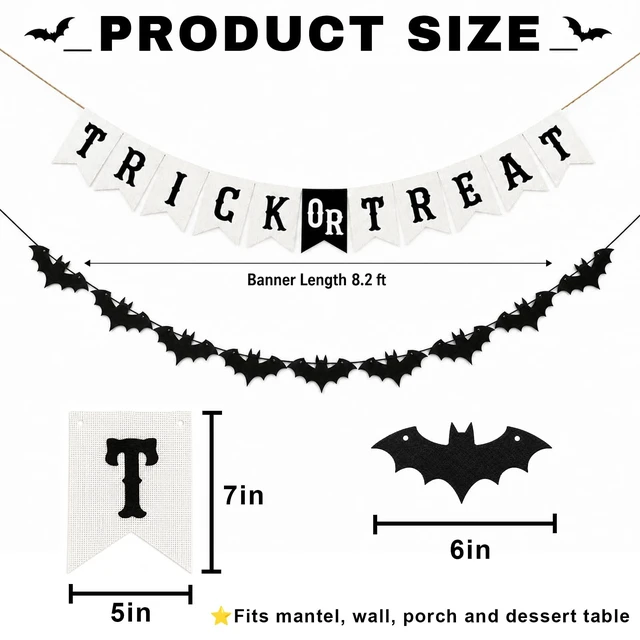 Alt view image 2 of 7 - Trick or Treat Burlap Banner with Bat Garland, Halloween Decor | Burlap Pennant Banner and Felt Bat Garland for Halloween Party, Fireplace Mantel, Porch, Classroom and Haunted House Decor