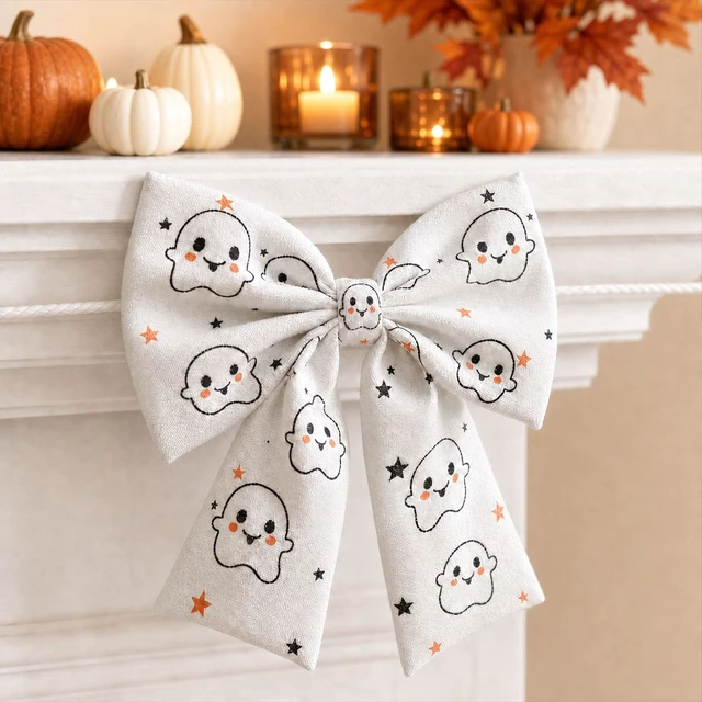Alt view image 2 of 5 - Halloween Decorations - Halloween Garland -6.5 Ft Cotton Bow Garland - Cute Room Decor for Home Party Office - Ghost Pumpkin Bat Decoration for Table Door Mantel Window Wall