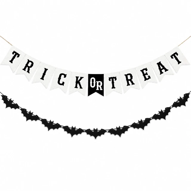 Main image of Trick or Treat Burlap Banner with Bat Garland, Halloween Decor | Burlap Pennant Banner and Felt Bat Garland for Halloween Party, Fireplace Mantel, Porch, Classroom and Haunted House Decor