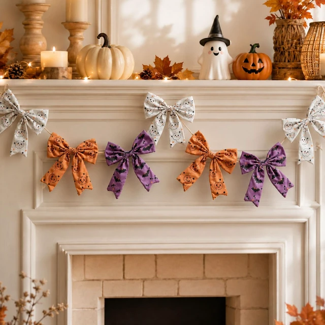 Alt view image 5 of 5 - Halloween Decorations - Halloween Garland -6.5 Ft Cotton Bow Garland - Cute Room Decor for Home Party Office - Ghost Pumpkin Bat Decoration for Table Door Mantel Window Wall