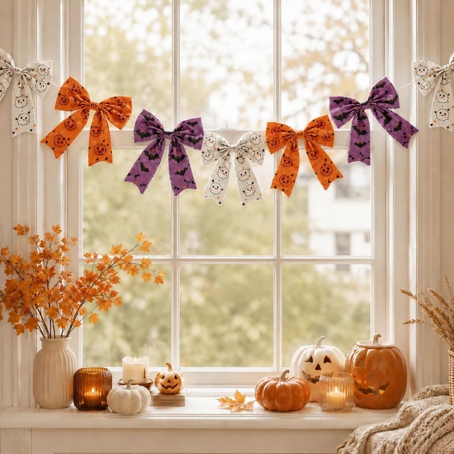 Alt view image 4 of 5 - Halloween Decorations - Halloween Garland -6.5 Ft Cotton Bow Garland - Cute Room Decor for Home Party Office - Ghost Pumpkin Bat Decoration for Table Door Mantel Window Wall