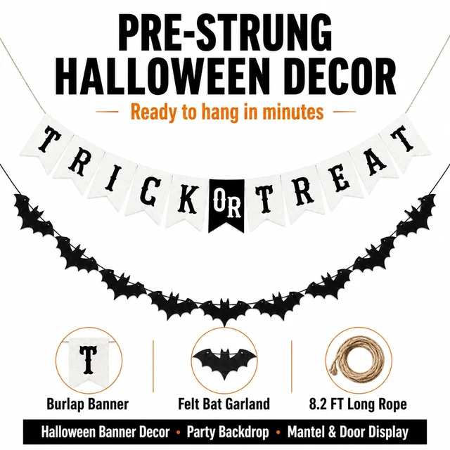 Alt view image 3 of 7 - Trick or Treat Burlap Banner with Bat Garland, Halloween Decor | Burlap Pennant Banner and Felt Bat Garland for Halloween Party, Fireplace Mantel, Porch, Classroom and Haunted House Decor