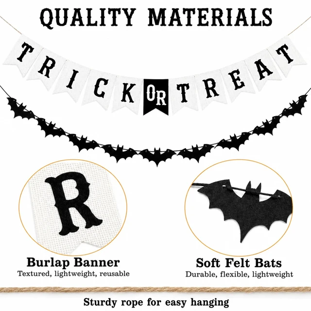Alt view image 4 of 7 - Trick or Treat Burlap Banner with Bat Garland, Halloween Decor | Burlap Pennant Banner and Felt Bat Garland for Halloween Party, Fireplace Mantel, Porch, Classroom and Haunted House Decor