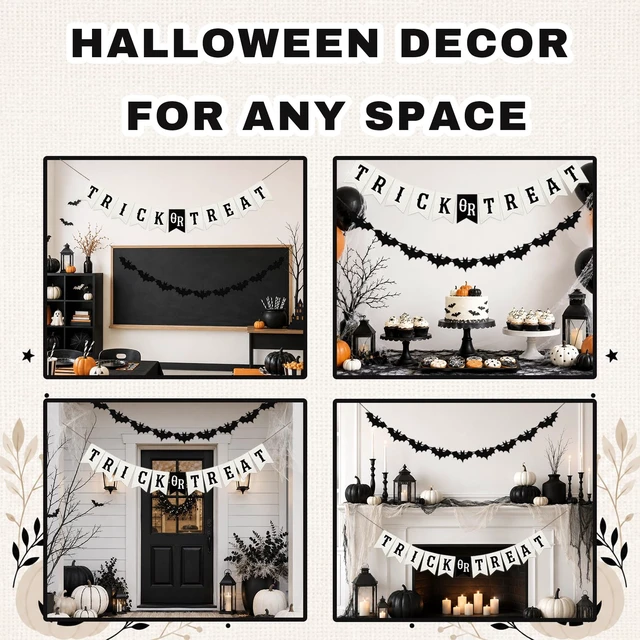 Alt view image 5 of 7 - Trick or Treat Burlap Banner with Bat Garland, Halloween Decor | Burlap Pennant Banner and Felt Bat Garland for Halloween Party, Fireplace Mantel, Porch, Classroom and Haunted House Decor
