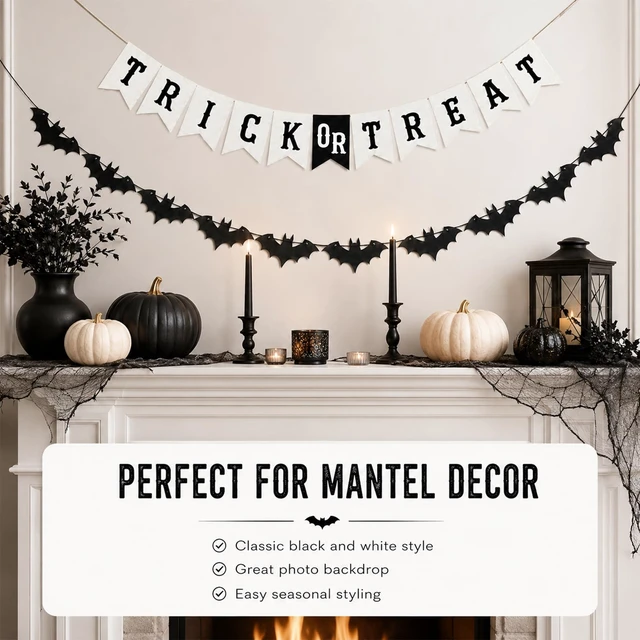 Alt view image 6 of 7 - Trick or Treat Burlap Banner with Bat Garland, Halloween Decor | Burlap Pennant Banner and Felt Bat Garland for Halloween Party, Fireplace Mantel, Porch, Classroom and Haunted House Decor