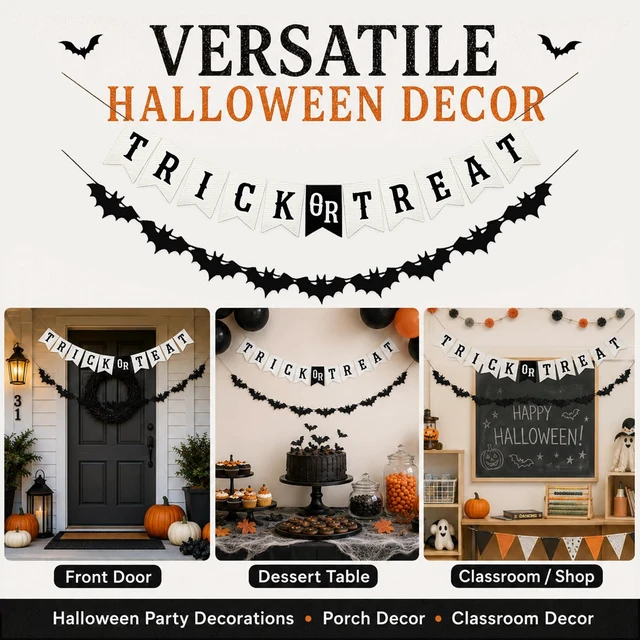 Alt view image 7 of 7 - Trick or Treat Burlap Banner with Bat Garland, Halloween Decor | Burlap Pennant Banner and Felt Bat Garland for Halloween Party, Fireplace Mantel, Porch, Classroom and Haunted House Decor