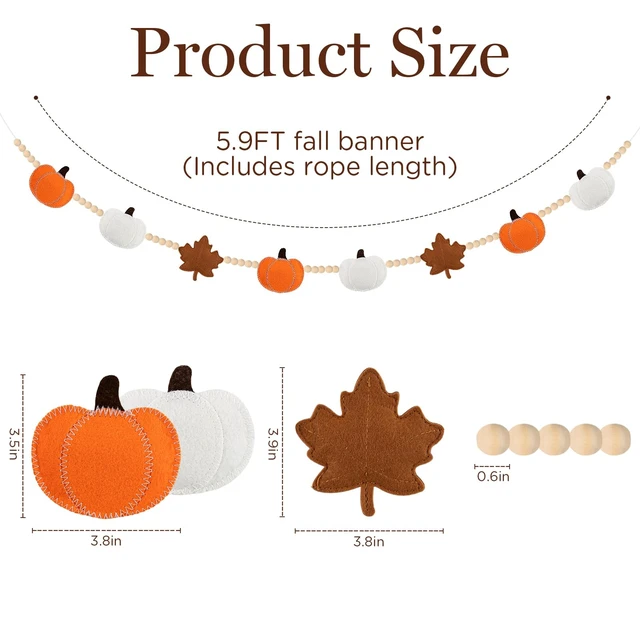 Alt view image 2 of 7 - Fall Decorations for Home Handmade Felt Pumpkin Maple Leaf Beads Garland | Rustic Fall Decor Farmhouse Felt Pumpkin Maple Leaf Beads Banner for Mantle Wall Thanksgiving Reusable Pre-assembled