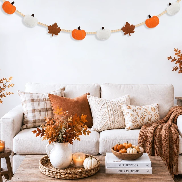 Alt view image 4 of 7 - Fall Decorations for Home Handmade Felt Pumpkin Maple Leaf Beads Garland | Rustic Fall Decor Farmhouse Felt Pumpkin Maple Leaf Beads Banner for Mantle Wall Thanksgiving Reusable Pre-assembled