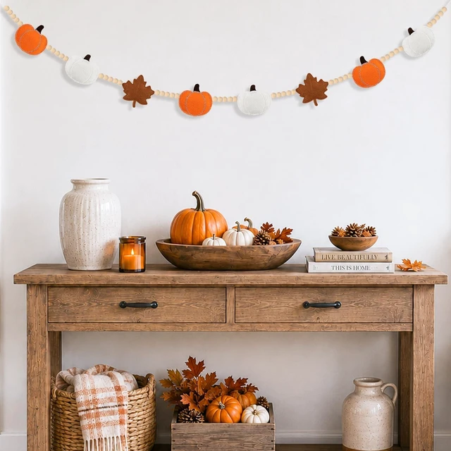 Alt view image 6 of 7 - Fall Decorations for Home Handmade Felt Pumpkin Maple Leaf Beads Garland | Rustic Fall Decor Farmhouse Felt Pumpkin Maple Leaf Beads Banner for Mantle Wall Thanksgiving Reusable Pre-assembled