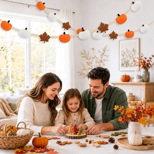 Alt view image 7 of 7 - Fall Decorations for Home Handmade Felt Pumpkin Maple Leaf Beads Garland | Rustic Fall Decor Farmhouse Felt Pumpkin Maple Leaf Beads Banner for Mantle Wall Thanksgiving Reusable Pre-assembled