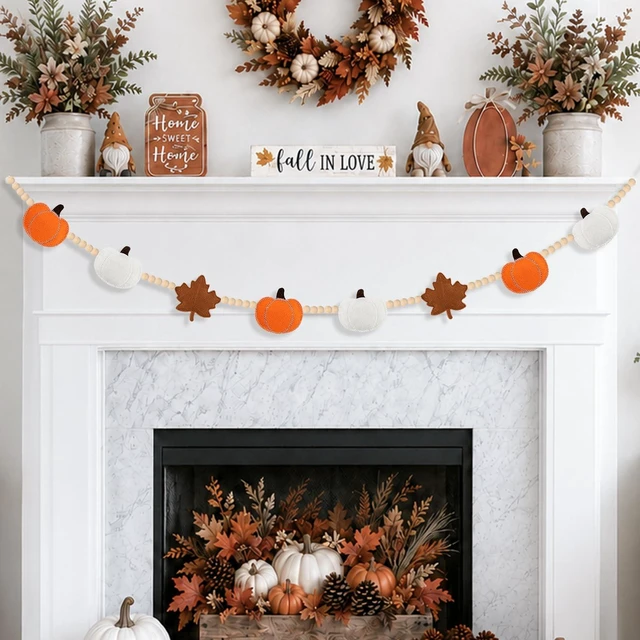 Alt view image 5 of 7 - Fall Decorations for Home Handmade Felt Pumpkin Maple Leaf Beads Garland | Rustic Fall Decor Farmhouse Felt Pumpkin Maple Leaf Beads Banner for Mantle Wall Thanksgiving Reusable Pre-assembled