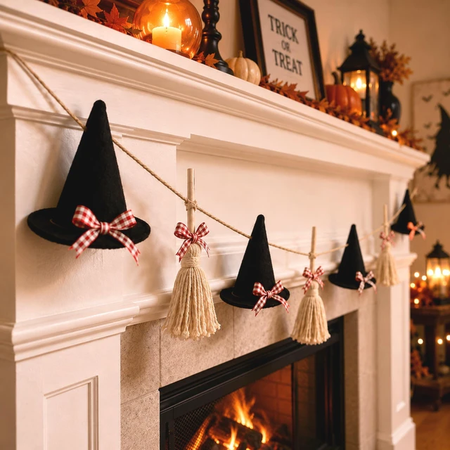 Main image of Halloween Garland Mini Witch Hat and Broom Decorations, 5.3 ft | Felt Witch Hats with Tassel Brooms, DIY Hanging Garland, Halloween Banner for Mantel Fireplace, Home, Room, Indoor Wall Decor