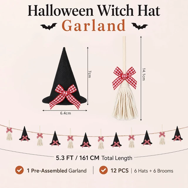 Alt view image 2 of 6 - Halloween Garland Mini Witch Hat and Broom Decorations, 5.3 ft | Felt Witch Hats with Tassel Brooms, DIY Hanging Garland, Halloween Banner for Mantel Fireplace, Home, Room, Indoor Wall Decor