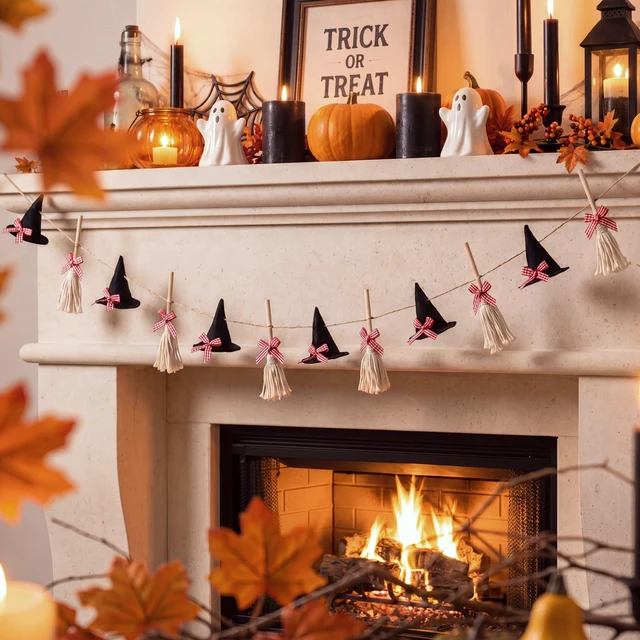 Alt view image 3 of 6 - Halloween Garland Mini Witch Hat and Broom Decorations, 5.3 ft | Felt Witch Hats with Tassel Brooms, DIY Hanging Garland, Halloween Banner for Mantel Fireplace, Home, Room, Indoor Wall Decor