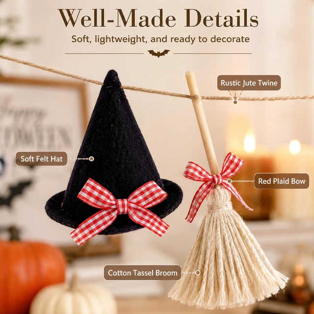 Alt view image 5 of 6 - Halloween Garland Mini Witch Hat and Broom Decorations, 5.3 ft | Felt Witch Hats with Tassel Brooms, DIY Hanging Garland, Halloween Banner for Mantel Fireplace, Home, Room, Indoor Wall Decor
