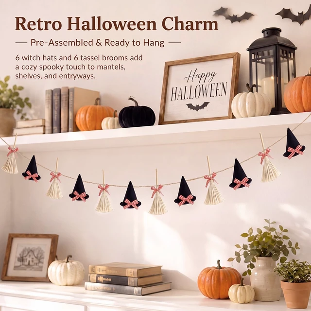 Alt view image 6 of 6 - Halloween Garland Mini Witch Hat and Broom Decorations, 5.3 ft | Felt Witch Hats with Tassel Brooms, DIY Hanging Garland, Halloween Banner for Mantel Fireplace, Home, Room, Indoor Wall Decor